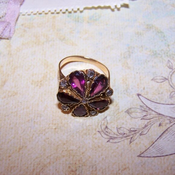 Victorian Georgian Revival 14K Gold 5.15CT TW Amethyst Rose Cut Diamond Ring - Picture 6 of 10
